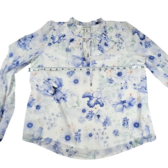 Rachel Zoe XS Floral Blouse Sheer Long Balloon Sleeve Ruffle Neck Tie Top Nwot - Picture 5 of 9